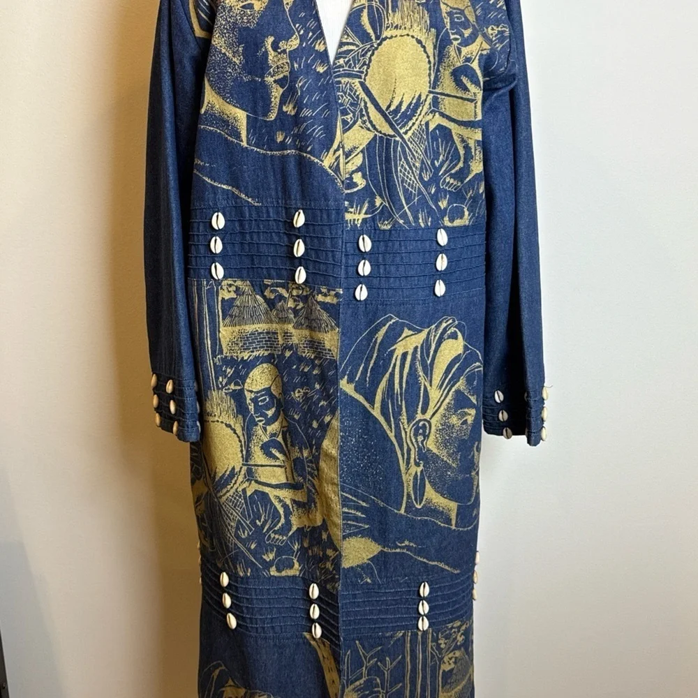 Molato African Denim Coat Jacket Duster Small Vintage 90s Gold Print